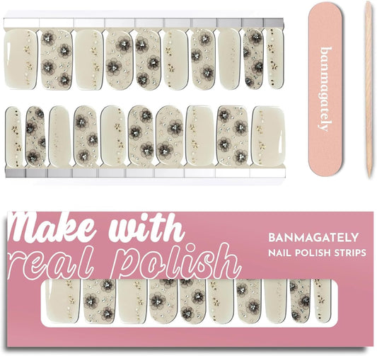 Nail Polish Strips, 20Pcs Salon Quality Gel Nail Stickers, Easy Long Lasting Wraps for Short Nails no UV Light Needed (Grey Flower)