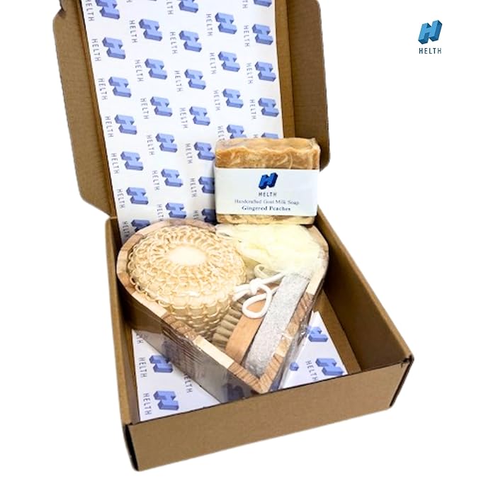 Spa Kit Birthday Box with Loofah Body Brush Gingered Peaches Goat Milk Soap, Orange