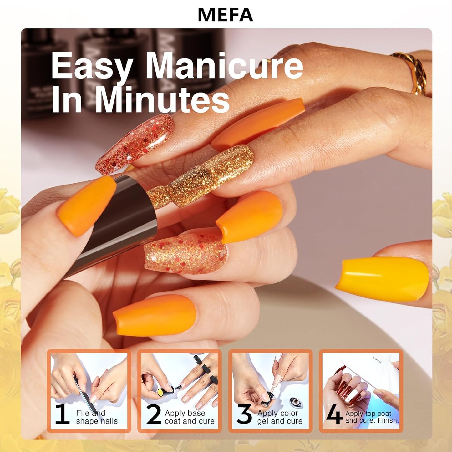 MEFA 6 Colors Fall Gel Nail Polish Set, Shades Orange Red Brown Glitter Yellow Soak Off Gel Polish Spring Summer Tones Nail Art Design Salon Home Manicure Kit Gifts