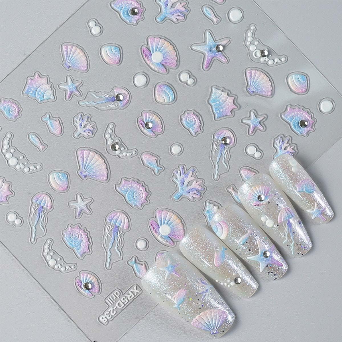 2Sheet Summer Nail Art Stickers 5D Embossed Nail Decals with Pearl Shiny Shell Starfish Jellyfish Design Self-Adhesive Nail Supplies DIY Acrylic Manicure Accessories for Women Girls‌