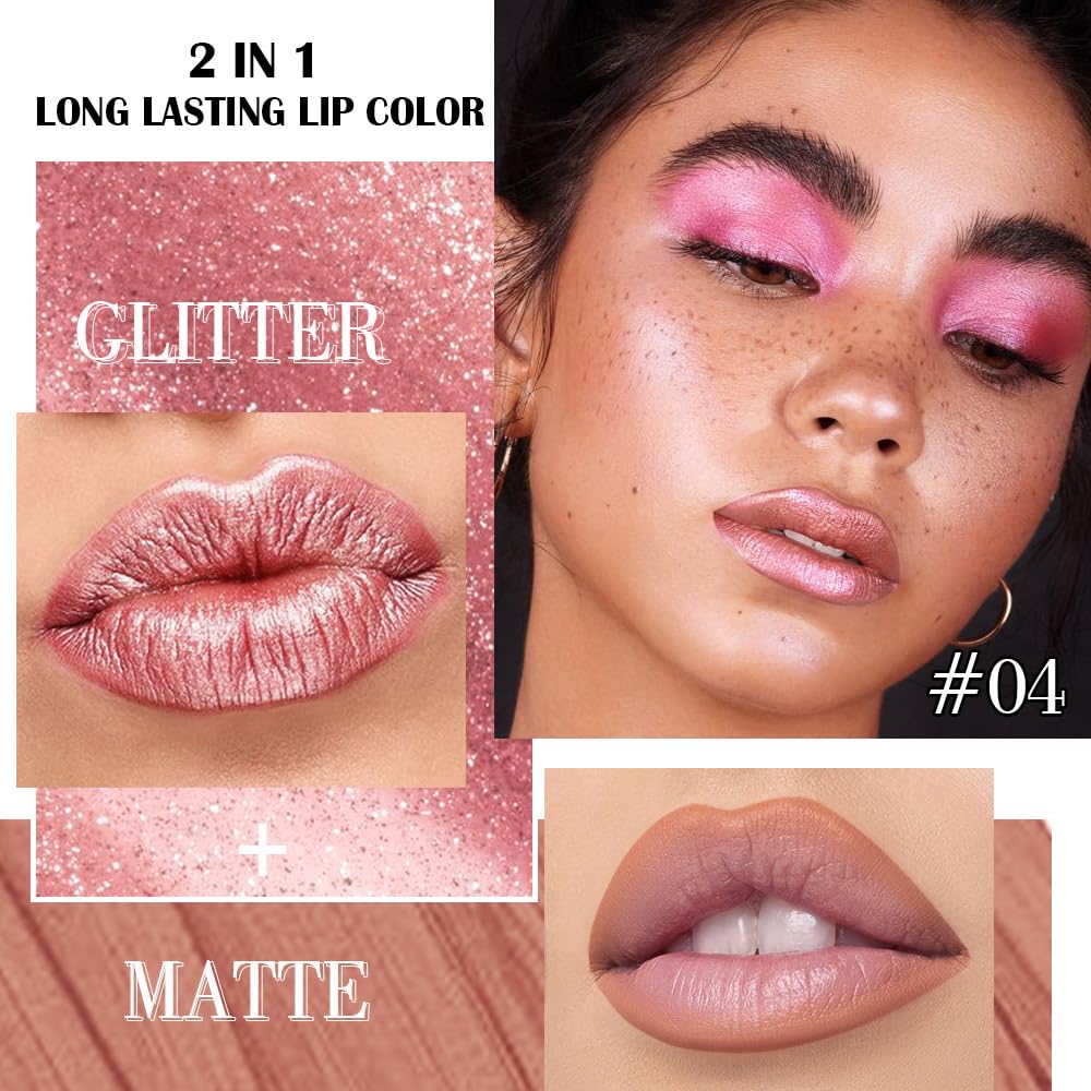 Kaely 2-in-1 Rose Gold Metallic Lipstick and Lip Liner, Shimmer Liquid Metallic Lipsticks for Women, Glitter Lip Gloss Stain Long Lasting Waterproof Smudge Proof 24 Hour, Vegan Makeup, 04