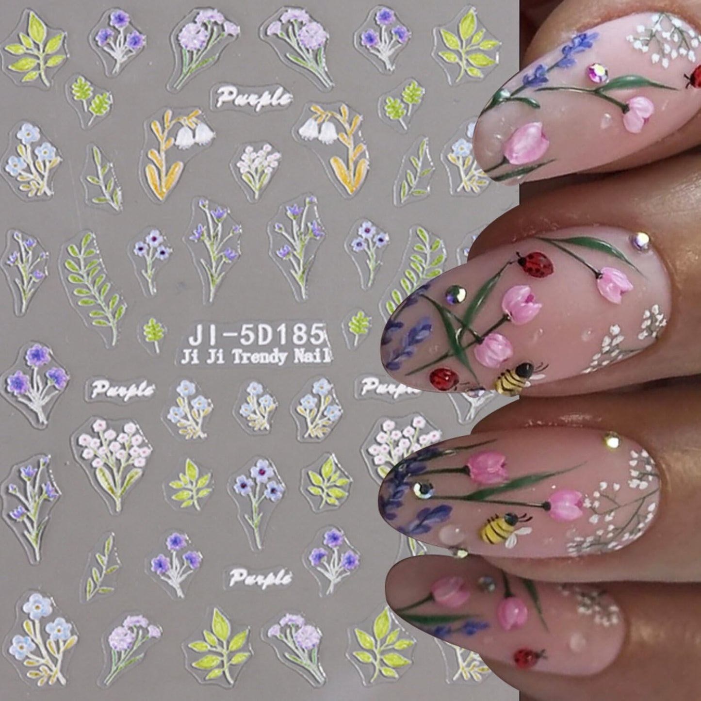 Flower Nail Stickers for Nail Art Flowers Nail Art Stickers Summer Floral Bouquet 5D Embossed Nail Decals Self-Adhesive Nails Supply Manicure Sliders Flower for Nails Decoration 4 Sheets