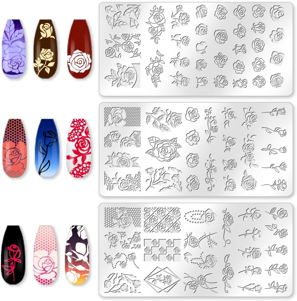 3Pcs Roses Nail Stamping Plate Set Vintage Flower Nail Stamp Templates Elegant Floral Leaf Metal Reusable Tools with Stamper Scraper for Manicure Printing