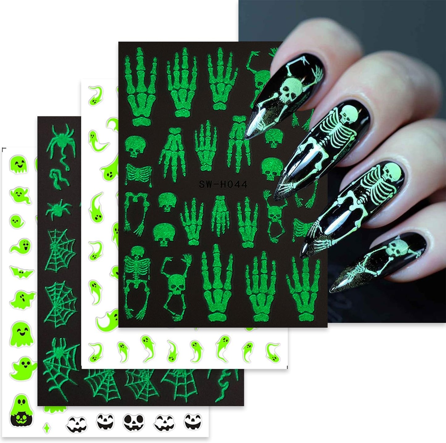 Luminous Halloween Nail Art Stickers Decals Cute White Ghost Nails Stickers Skeleton Spider Web Nails Decals Self-Adhesive Glow in The Dark Nail Art Decal for Women Halloween Decor