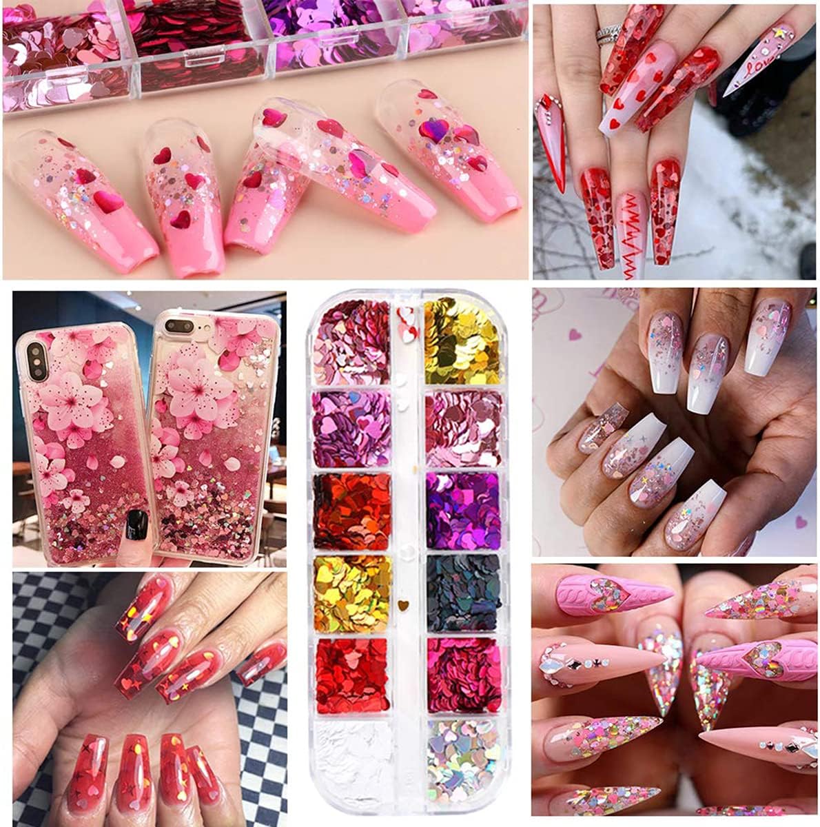 3D Heart Nail Glitter Sequins Heart Nail Art Stickers Decals Nail Art Supplies Heart Glitter nail Flakes Holographic Confetti Nail Glitters for Acrylic Nails Designs Makeup DIY Decoration