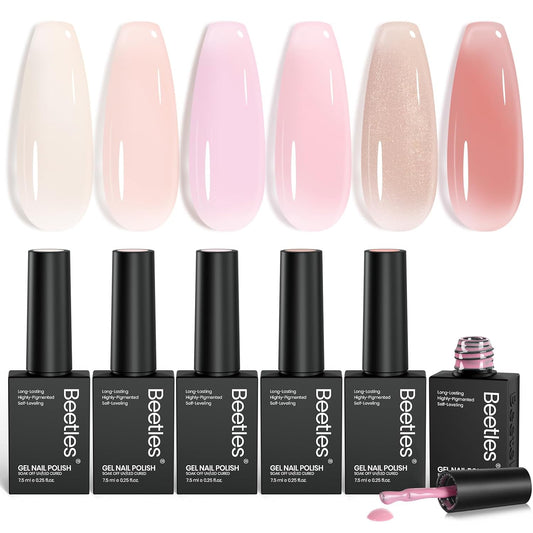 Beetles Jelly Gel Nail Polish Set - 6 Colors Nude Pink Gel Polish Kit Neutral Shimmer Translucent Sheer Gel Soak off Uv Nail Concealer Peach Juice Collection French Nail Art Manicure Gift for Women