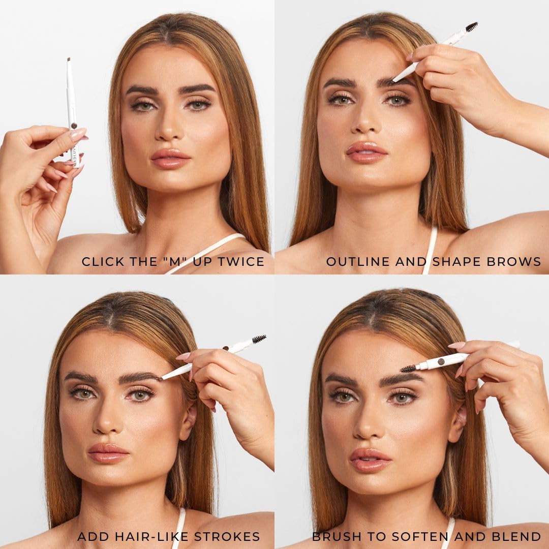 MADLUVV Exacto Brow Pencil for Flawless, Long Lasting, Realistic Brows with Dual-Ended Design Featuring Retractable Blade Tip for Precise Hair Like Detail and Blending Brush - Dark Grey