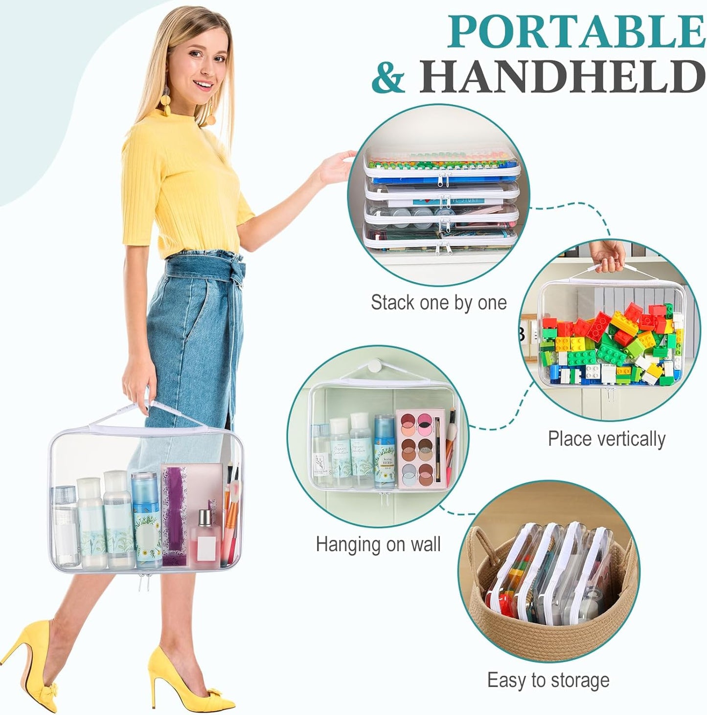 Sanwuta 4 Pcs Clear Hard Zipper Case with Handle Office Storage Cases Hard Plastic Pouches Transparent Bins for Crafts, Pencils, Snacks, Cosmetics, Puzzles(12.6 x 9 x 2 Inches,White)