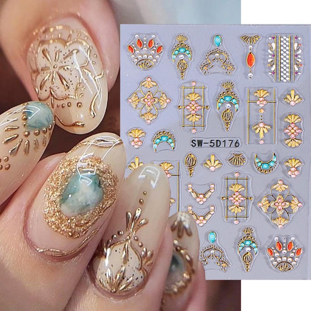Bohemian Nail Stickers Gold Star Sun Moon Nail Designs Starfish Nail Decals 5D Embossed Gem Lace Lines3D Self-Adhesive Summer Nail Art Decoration for Women DIY Manicure 2 Sheets