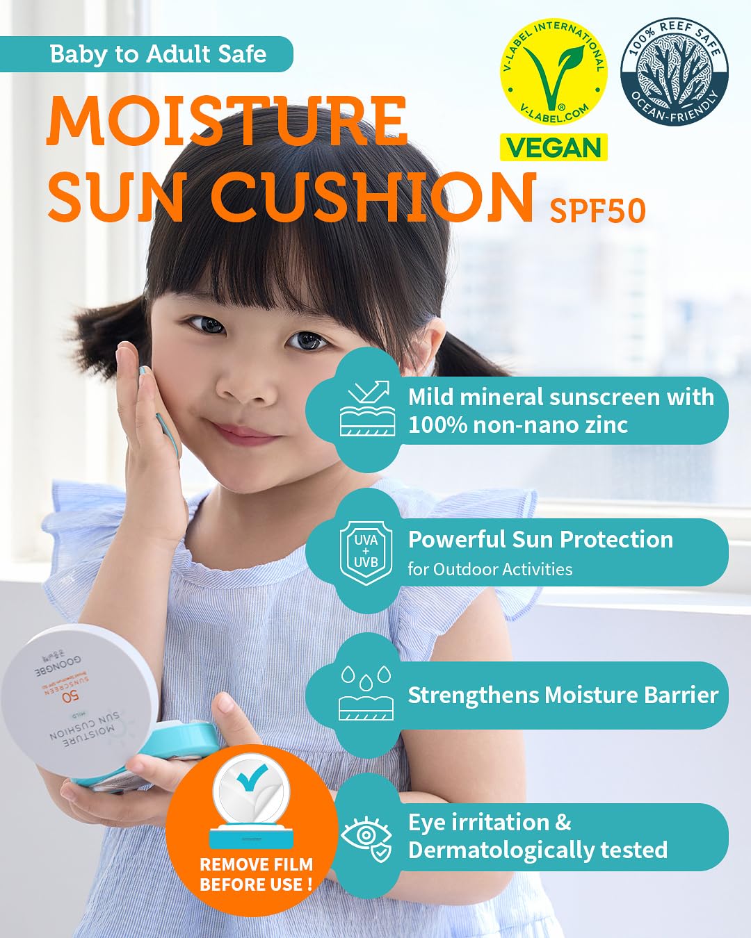 Moisture Sun Cushion Mild SPF 50 - Korean Moisturizing & Soothing Zinc Oxide Mineral Sunscreen - Travel Friendly Sun Cushion for Babies & Kids - Vegan, Reef-Safe, Allergen-Free, 0.81oz.
