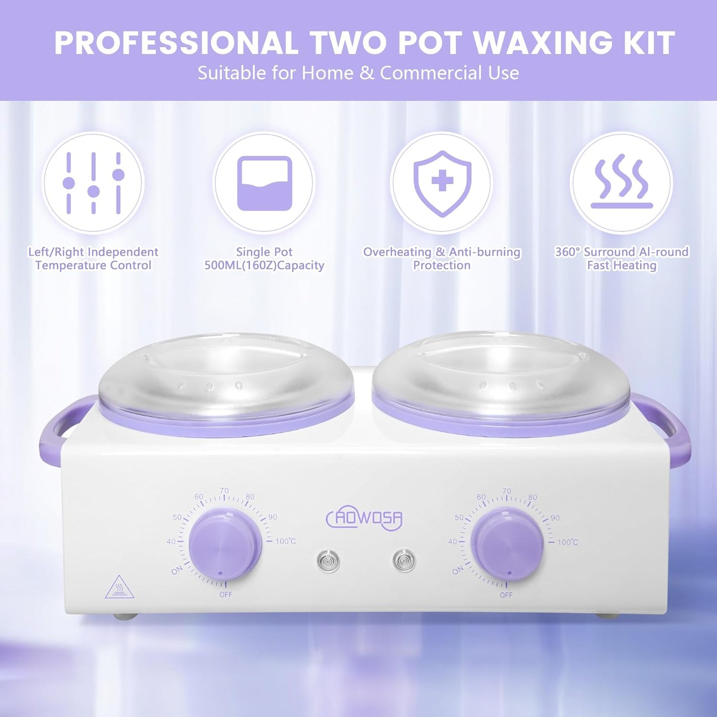 Professional Waxing Kit Wax Warmer Double Pot Wax Heater Machine for Hair Removal, Large Waxing Pot for Spa Salon Beauty Esthetician Home, with Non-Stick Easy Clean Pot, 50 Sticks & 20 Collar