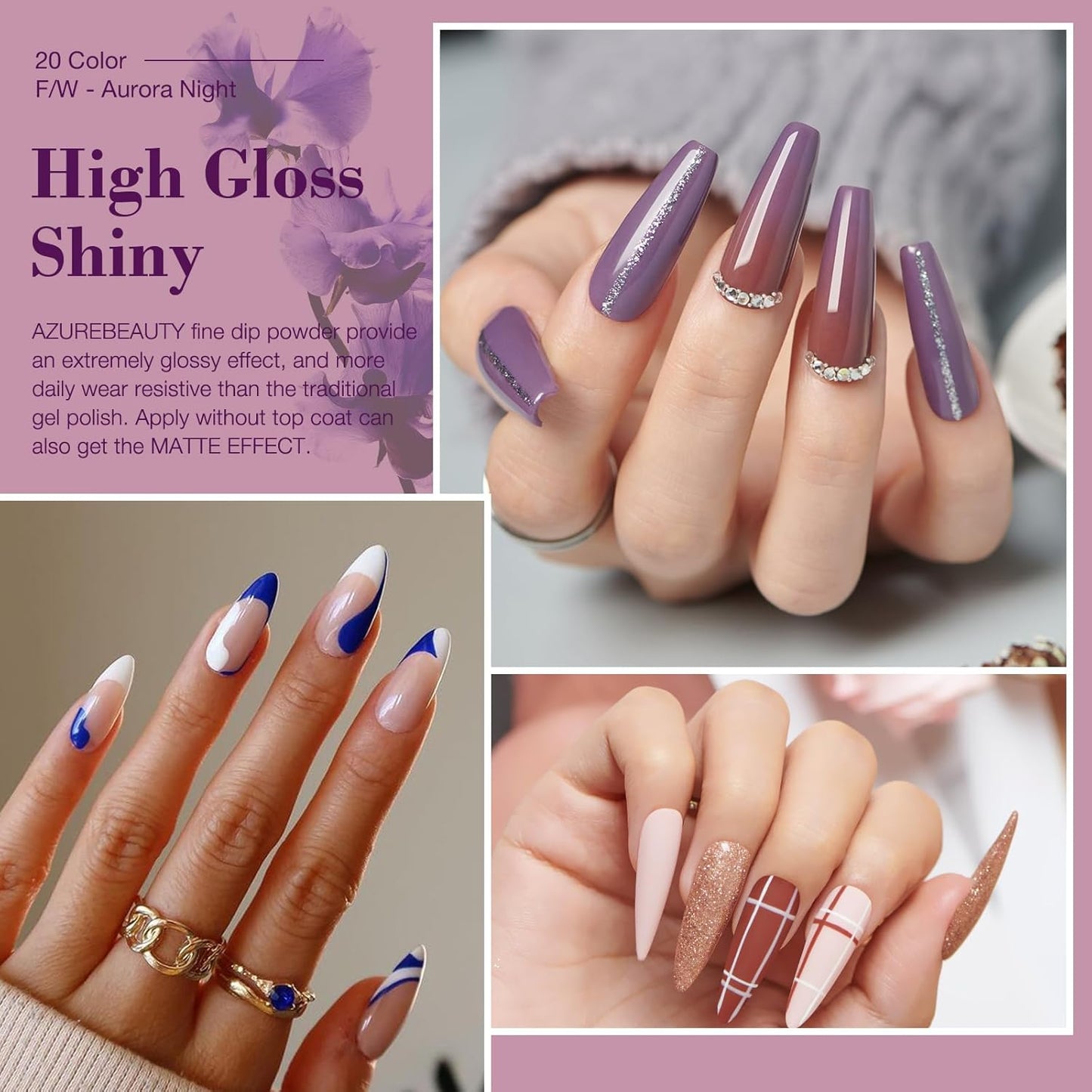 31Pcs Dip Nails Powder Starter Kit, AZUREBEAUTY 20 Colors Purple Blue Glitter Dipping Powder Recycling Tray Liquid Set with Base Top Coat Activator for French Nails Art Manicure DIY Home Salon