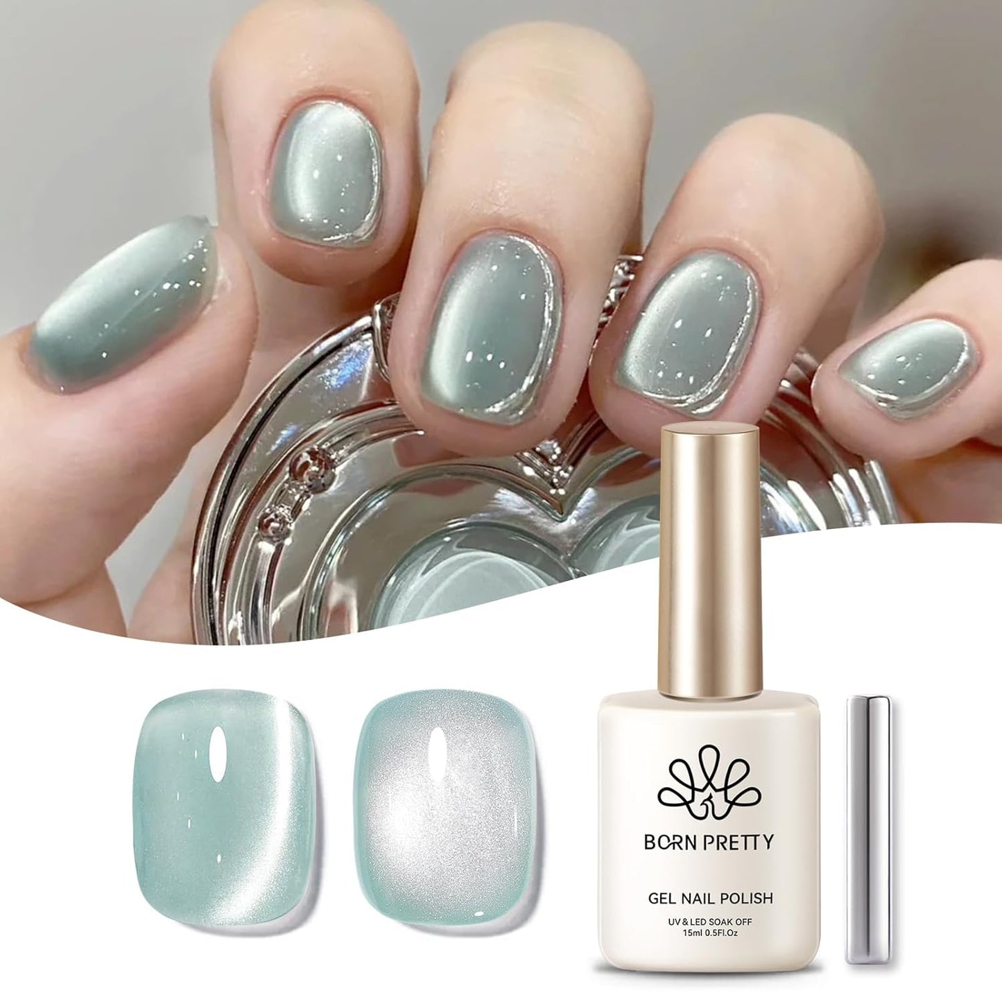 Born Pretty Cat Magnetic Eye Gel Nail Polish, Green Moonlight Cat Magnetic Gel, Glass Shiny Effect Green Soak Off Nail Art Salon Manicure Home Gift 15ml