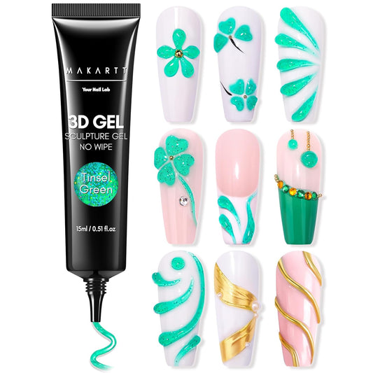 Makartt 3D Gel Nail Art- 3D Nail Gel Sculpting Gel for Nail Designs 15ml 3 in 1 No Wipe Polish for Drawing Carving Nails Molding Gels for Nail Decoration Charms- Tinsel Green