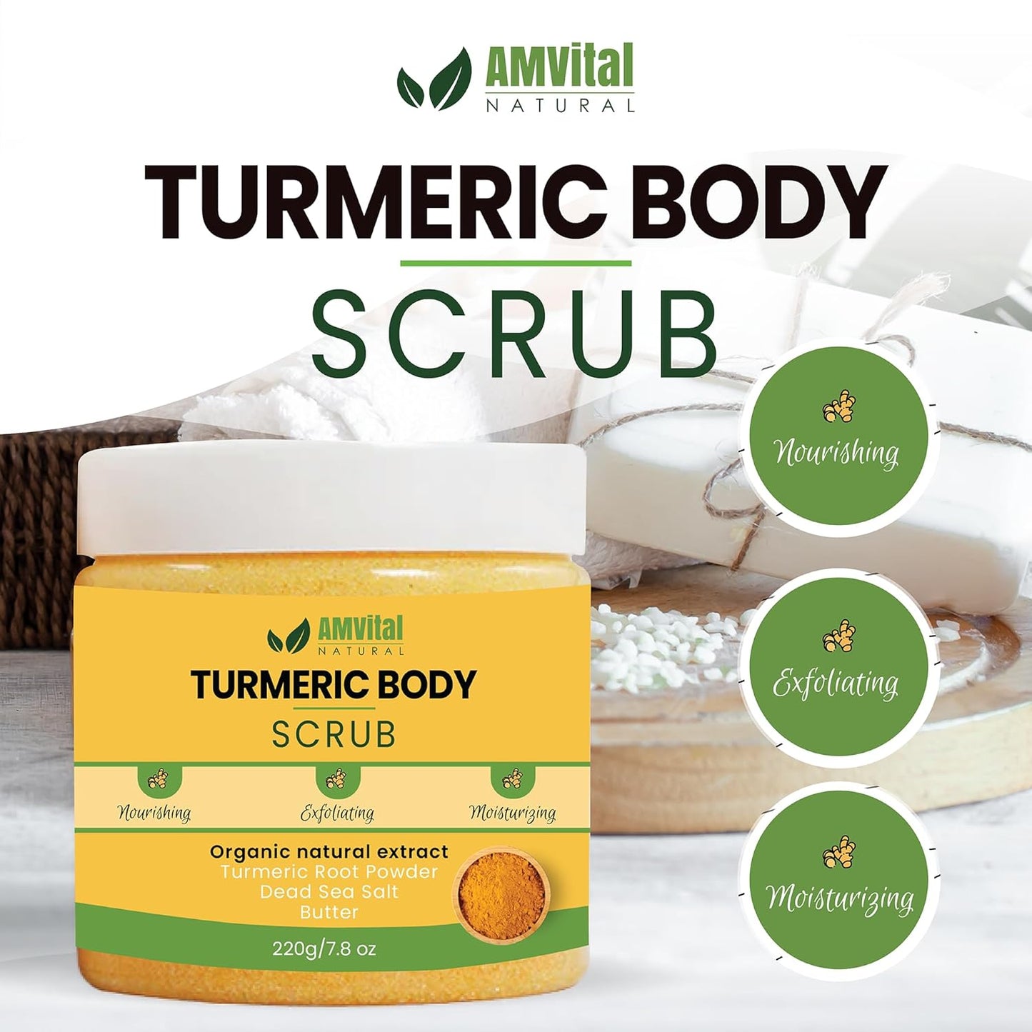 Turmeric Body Scrub - Handmade Natural Scrub For Body, Face, Hand, and Foot - Natural Skincare Body Scrub For Women - Suitable for All Skin Types (7.8oz)