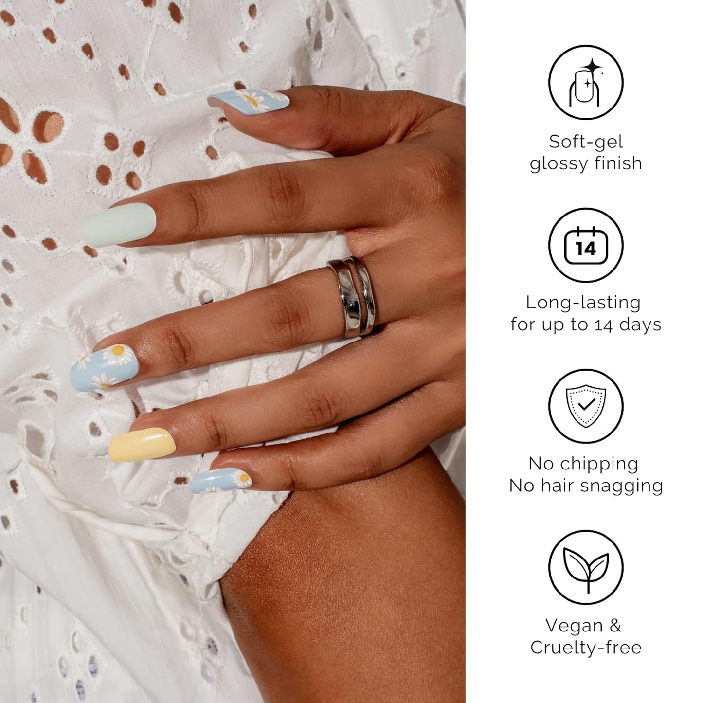 Nailog Semi Cured Gel Nail Strips 34 pcs | Long Lasting Nail Polish Sticker Wraps with Glossy Gel Finish | Daisy