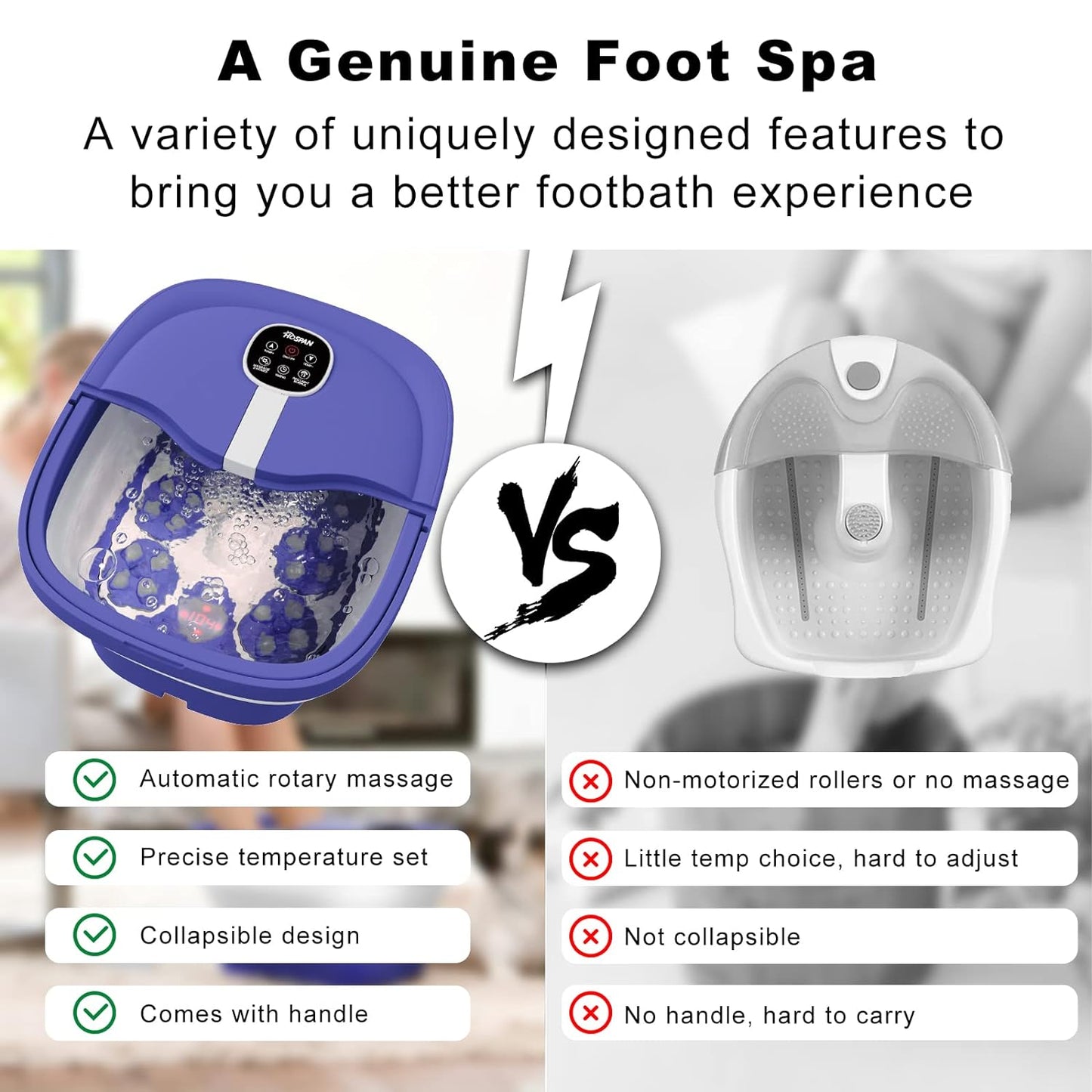 HOSPAN Collapsible Foot Spa Electric Rotary Massage, Foot Bath with Heat, Bubble, Remote, and 24 Motorized Shiatsu Massage Balls. Pedicure Foot Spa for Feet Stress Relief - FS02A