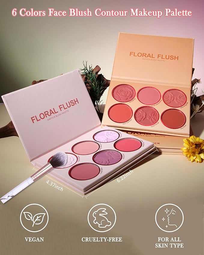 Matte Rose Face Blush Palette Kit with Brush-6 Colors Pink Purple Silky Mineral Blendable Blusher Contour Powder for Cheeks,Longlasting Facial Eyeshadow Beauty Cosmetic Makeup Gift for Women-Set 01