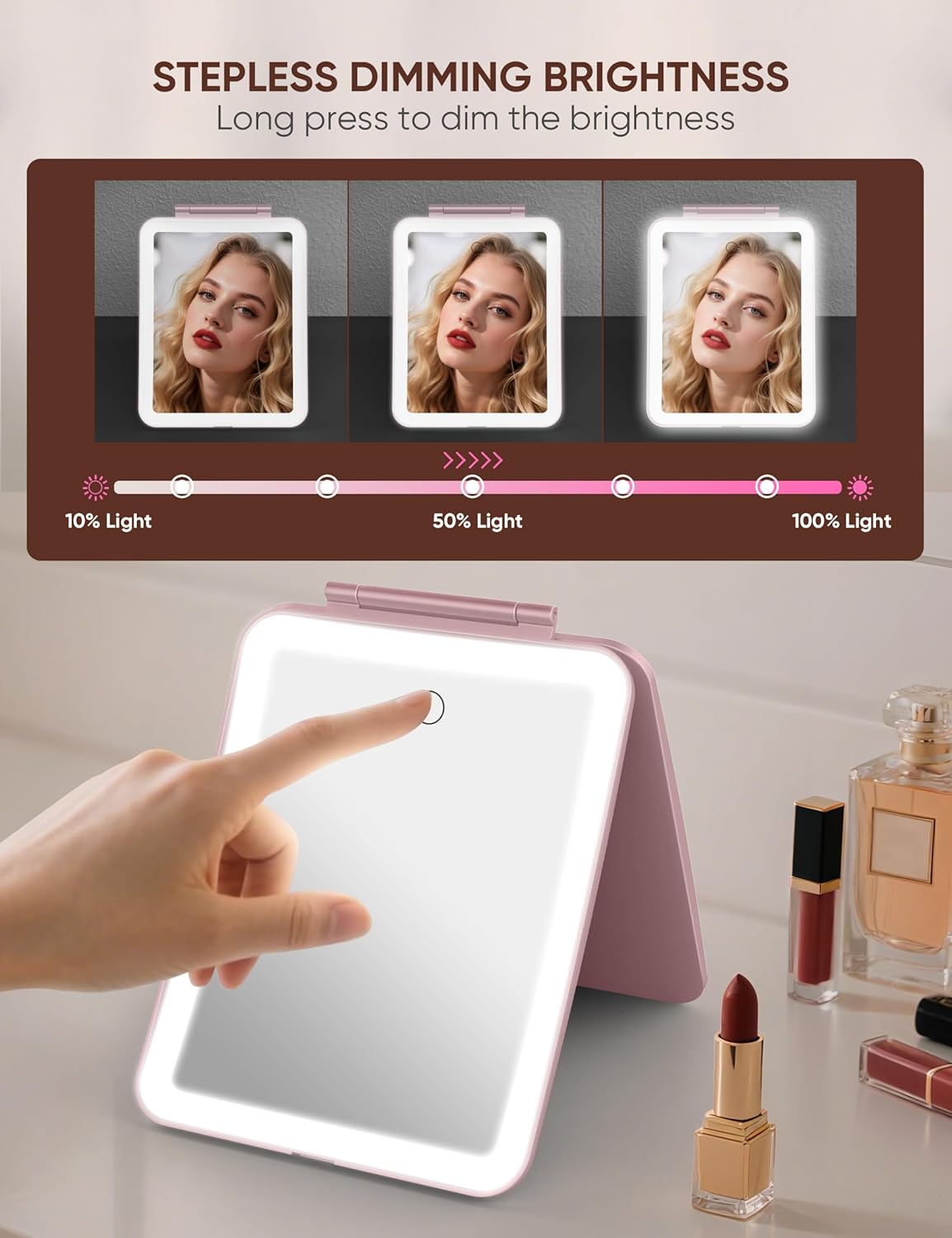 1X/10X Magnifying Makeup Mirror with 3 Colored Lights and Touch Control, 2700mAh Rechargeable LED Vanity Mirror for Home, Bathroom and Travel (Rose Pink, with LED Lights)