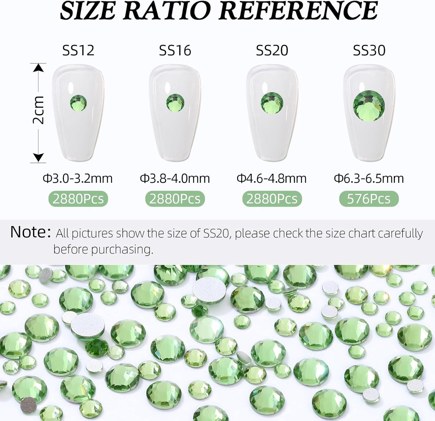 Light Green Flatback Rhinestones, Glass Rhinestones for Nail Art and Craft, Glue Fix, Loose Crystal Gemstones(Lt.Green, SS16, 2880pcs, 3.8-4.0mm)