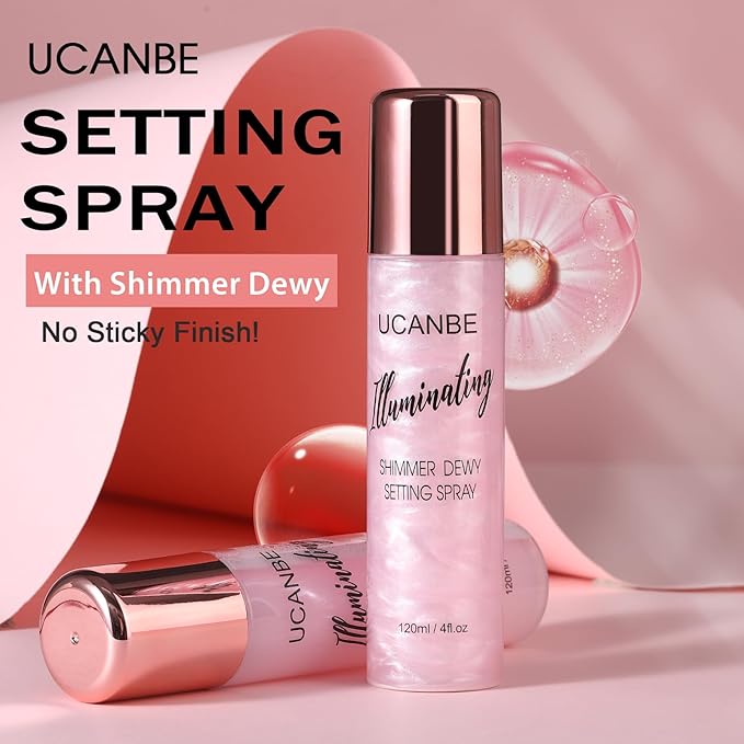 UCANBE Shimmer Dewy Setting Spray – Glowing + Makeup Setting Spray 2 in 1 Lightweight Formula for a Radiant Glow,Long-Lasting Face Mist for Face Body, 4 Fl Oz #Platinum