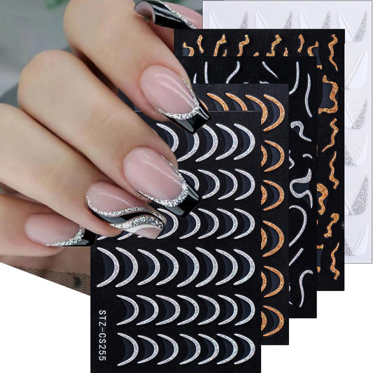Glitter French Tip Nail Stickers for Nail Art 10Pcs Gold Sliver Lines Nail Art Stickers Shiny V Shape Nail Tip Design Nail Decals French Wave Lines Stripe Nail Supplies for Women French Manicure Decor