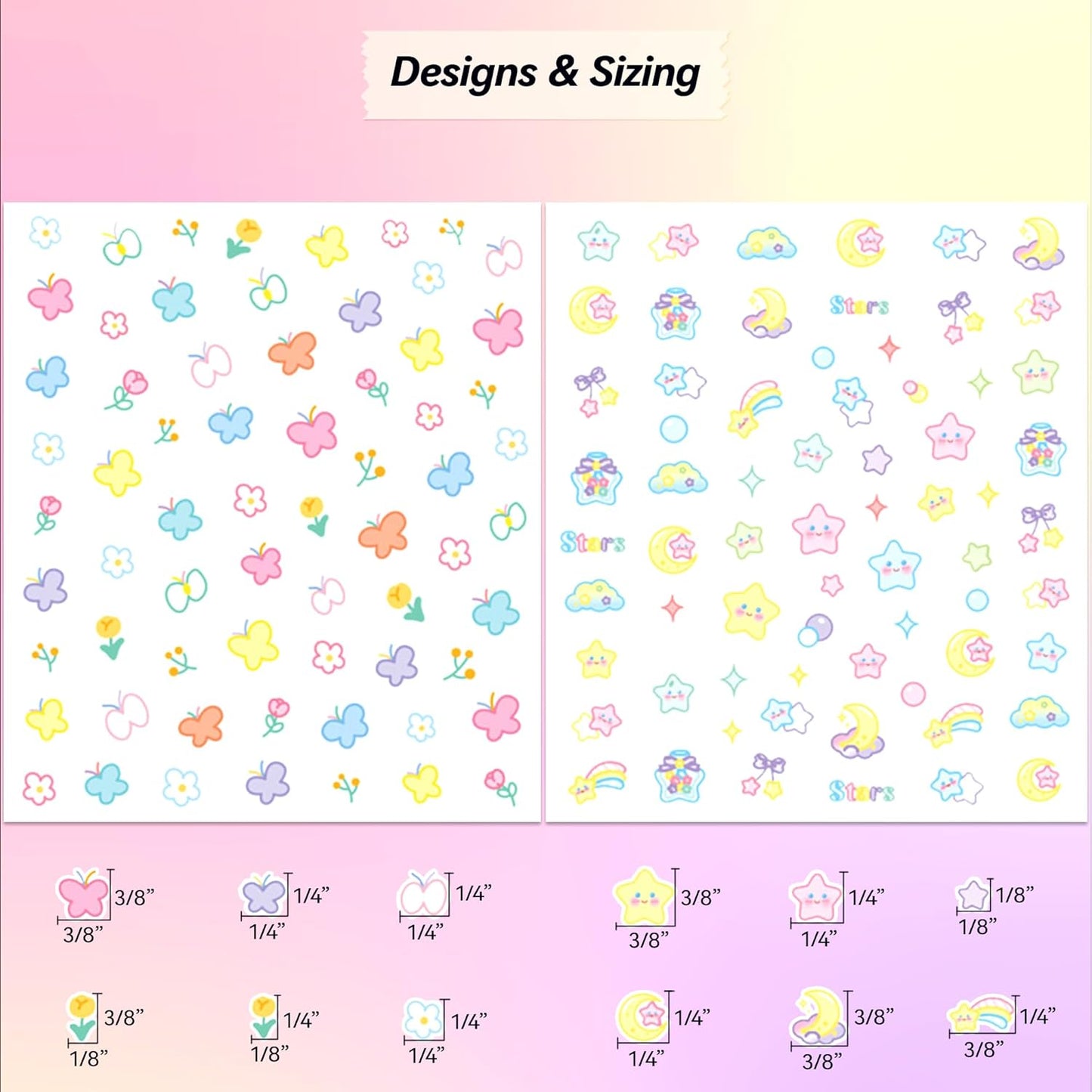 10 Sheets of 3D Nail Stickers - 719 Cute Nail Decals - Embossed Nail Stickers for Kids | Kawaii Theme - Butterfly, Flowers, Cats, Bunny, Stars, Fruits | Glow in The Dark