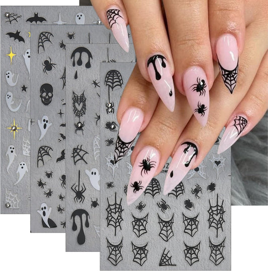 4Sheets Dark Halloween Nail Art Stickers 3D Self-Adhesive Shiny Crystal Spider Nail Decals Cute Ghost Skull Spider Web Nails Designs Stickers Halloween Nails Art Supplies for Women Holiday Nails Decor