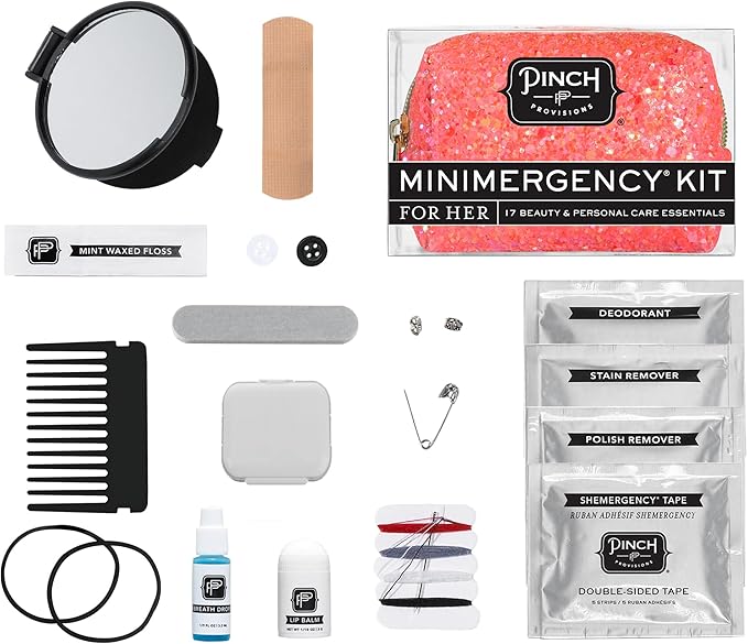 Pinch Provisions Coral Glitter Minimergency Kit, includes 17 Travel-Sized Cosmetic Essentials, Convenient for Purses, Emergency Beauty Accessories, Gifts for Holiday’s & Birthday’s