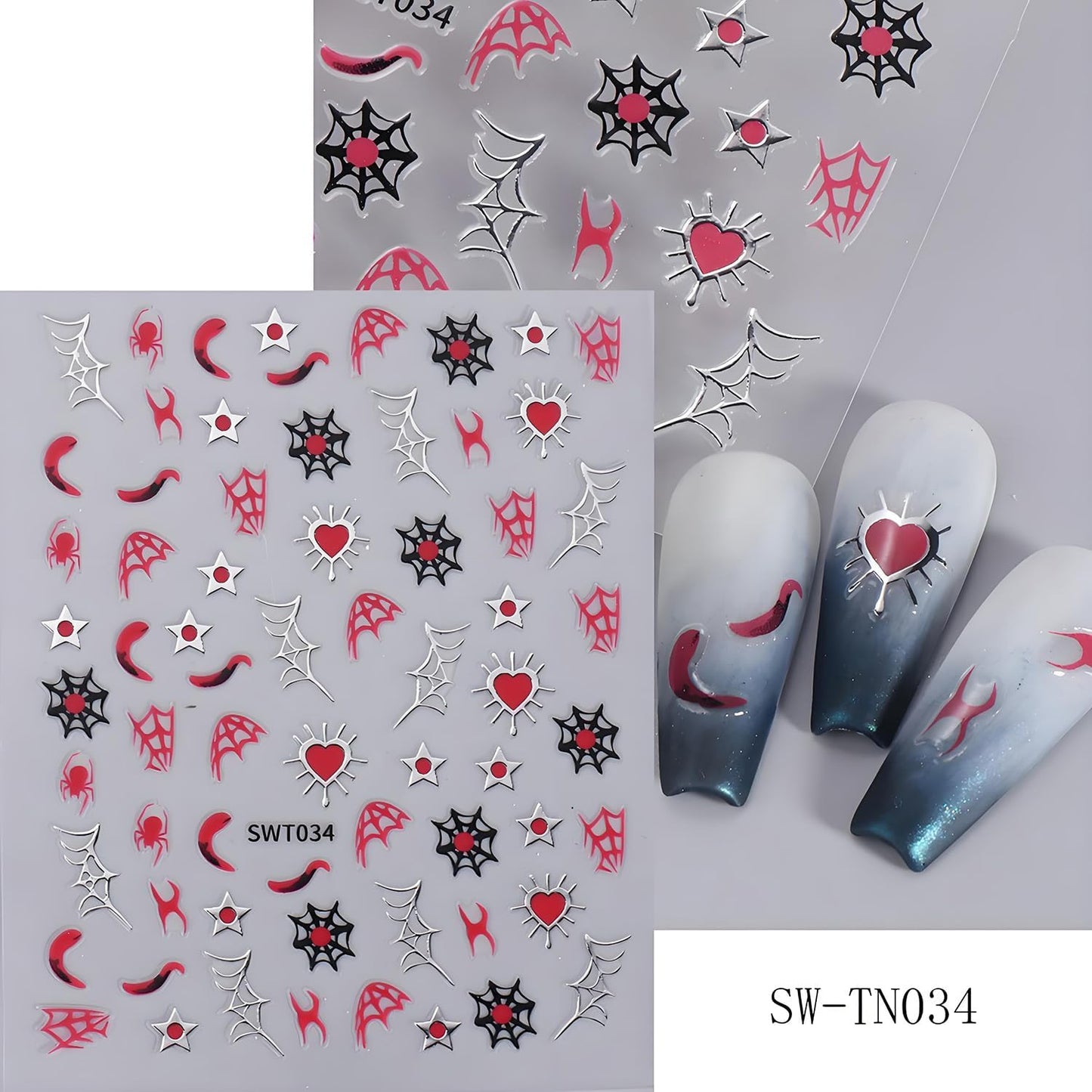 Halloween Nail Art Stickers, Glitter Spider Web Nail Art Decals 3D Self-Adhesive Black Gold Silver Heart Star Moon Nail Design 5Pcs Halloween Nail Art Supplies for Women Nail Decoration