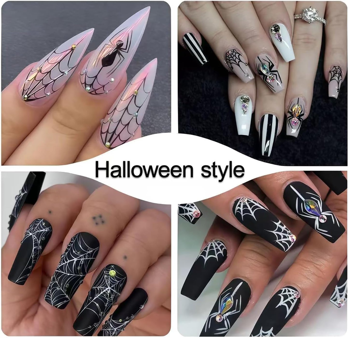 6 Sheets Shiny Crystal Diamonds Spider Nail Art Stickers Halloween Nail Stickers Self-Adhesive Spider Web Spiders Heart French Tip 3D Nail Art Design Decals Festival DIY Manicure Decoration for Women