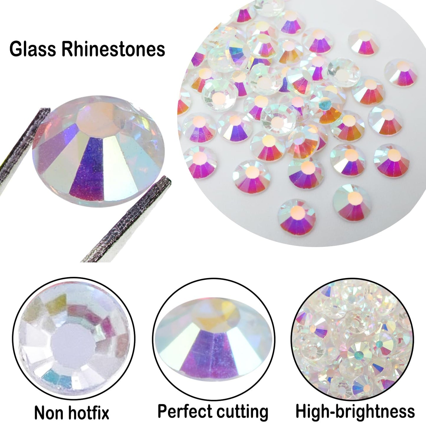Flatback Glass Rhinestones,Bedazzler Gems 1440pcs Non Hotfix Crystal Rhinestones for Nail Charms Crafts Clothes Tumblers,Transparent AB,SS10