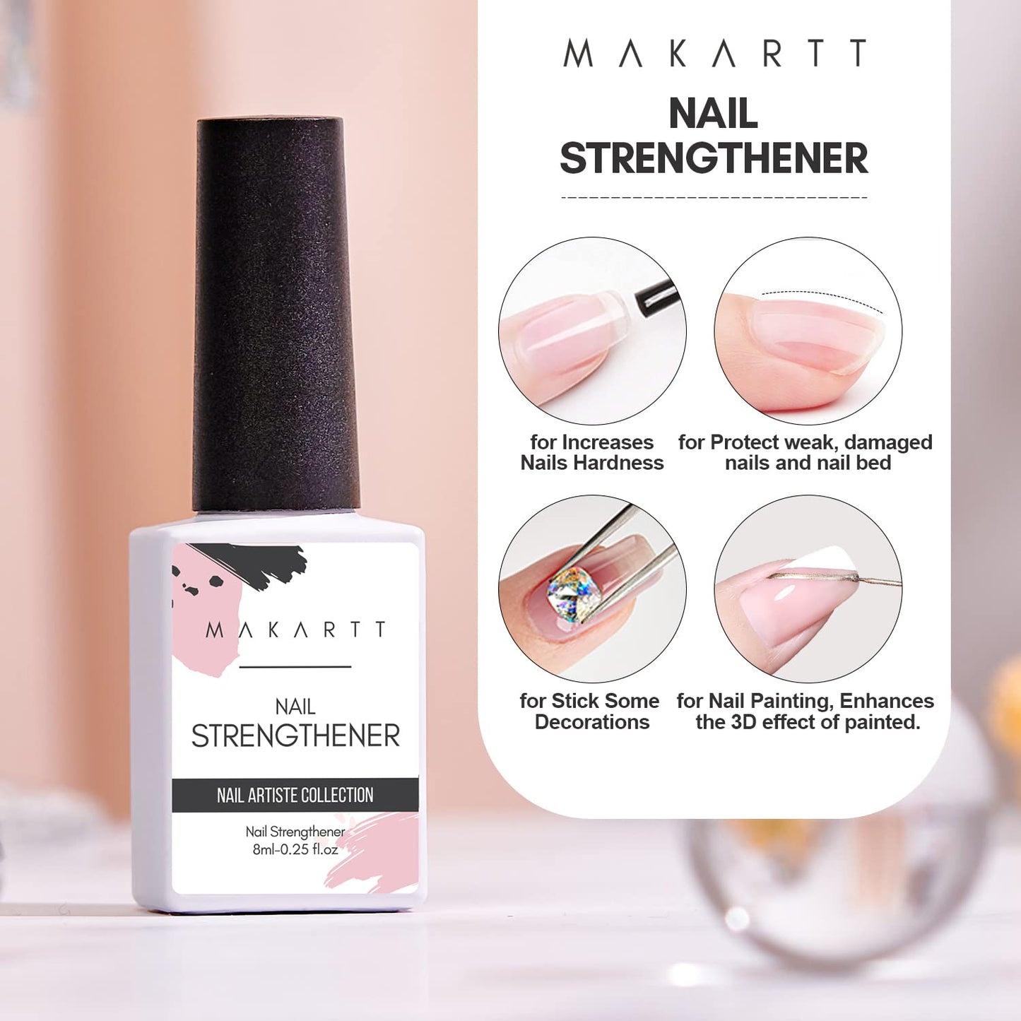 Makartt Nail Strengthener Gel Base & Top Coat Kit, 3Pcs 8ML, Long-Lasting Base & No Wipe Top Coat for Damaged Thin Nails, UV/LED Lamp Required, Promotes Nail Growth