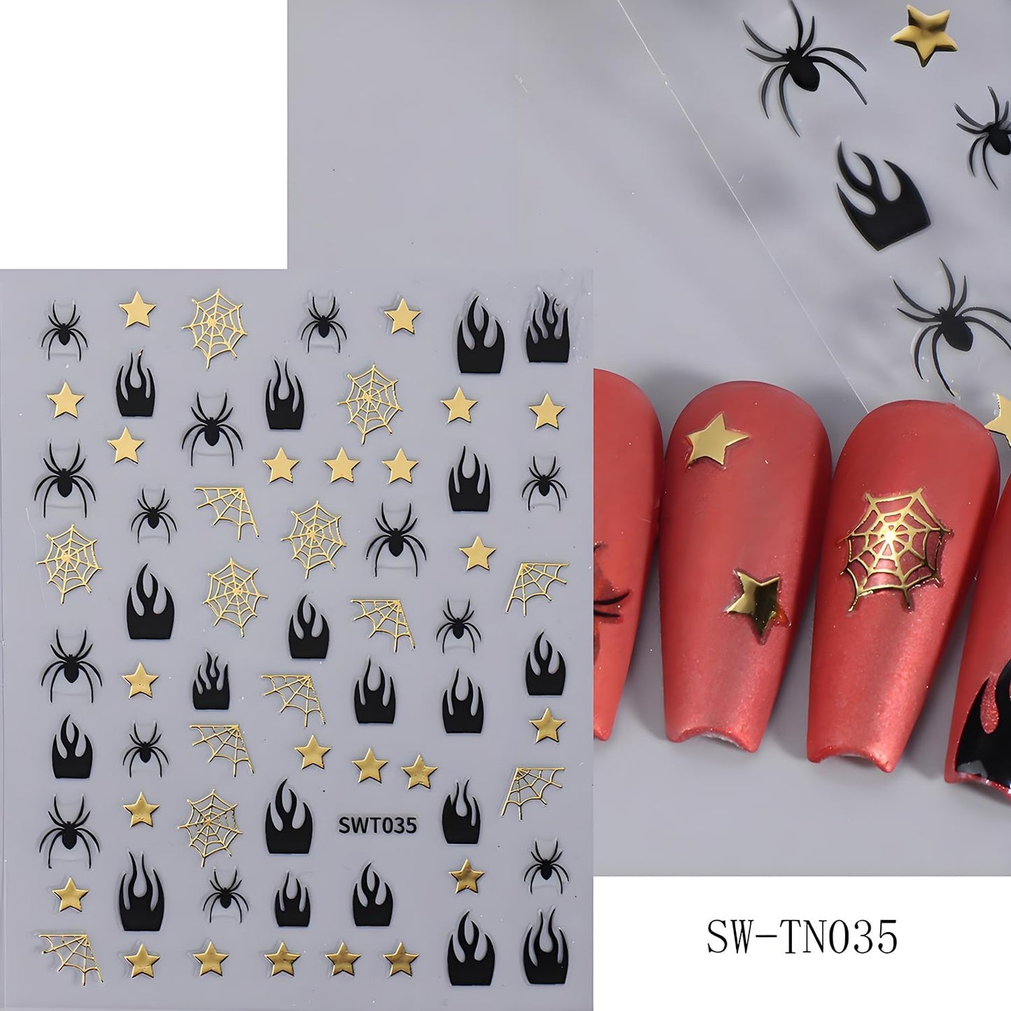 Halloween Nail Art Stickers, Glitter Spider Web Nail Art Decals 3D Self-Adhesive Black Gold Silver Heart Star Moon Nail Design 5Pcs Halloween Nail Art Supplies for Women Nail Decoration