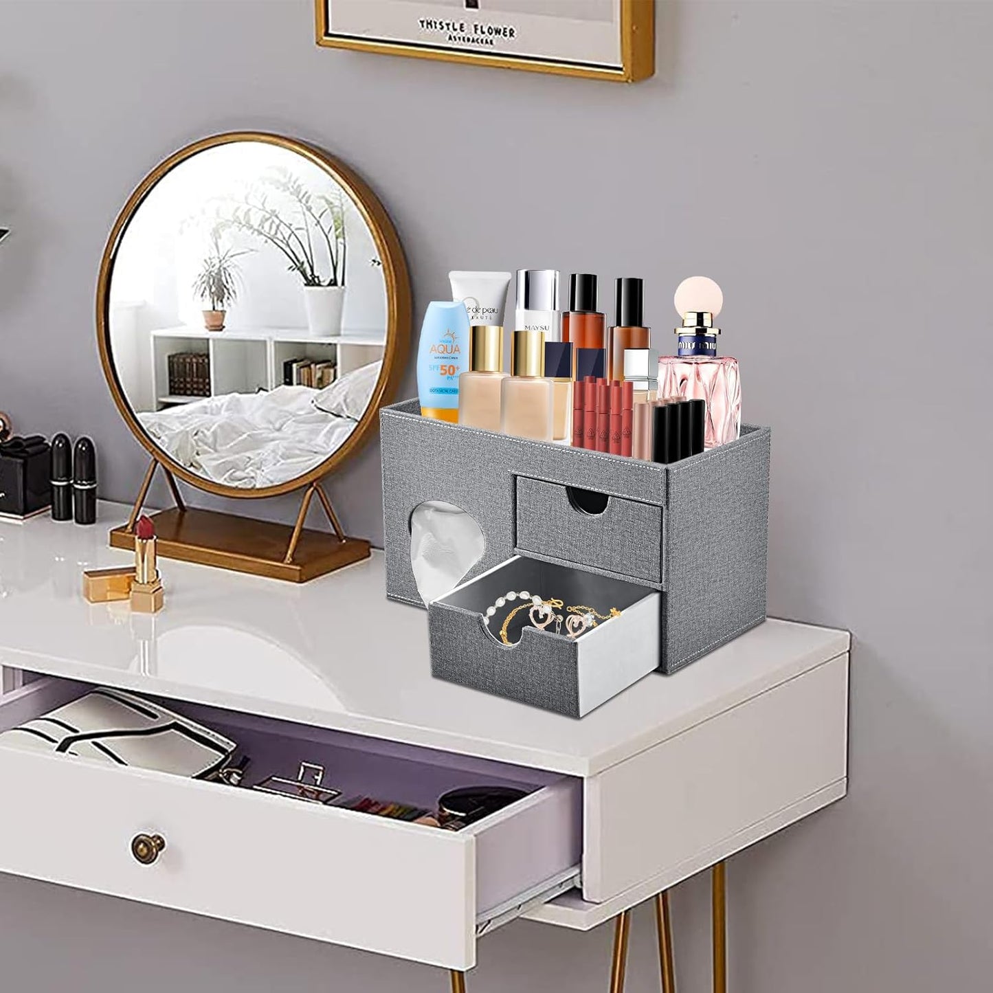 Square Tissue Box Cover with Drawers,Tissue Box Holder with Storage Tray, Makeup Organizer and Desk Organizer,Tissue Holders Decorative for Bathroom Vanity NightStand Dressing Table (Grey)