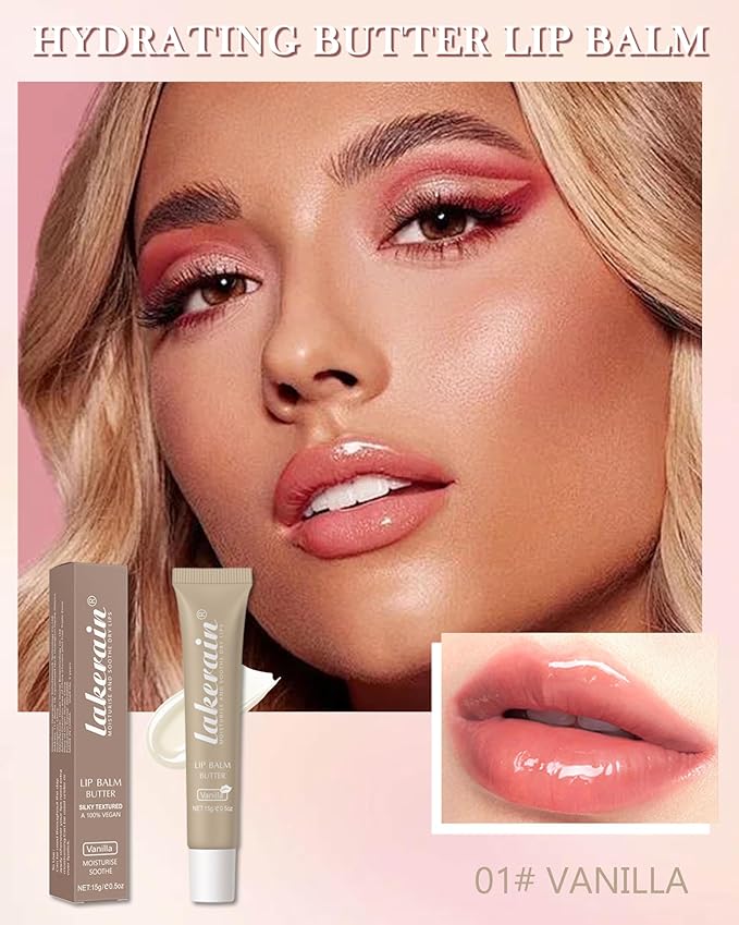 Lip Butter Balm Vanilla,Hydrating Tinted Butter Lip Gloss,Clear Lip Mask Lip Care Moisturizer,Glossier Lip Treatment Balm,Non-Sticky Jelly Glow Reviver Fat Lip Oil Lipgloss,Makeup Gift for Women-01