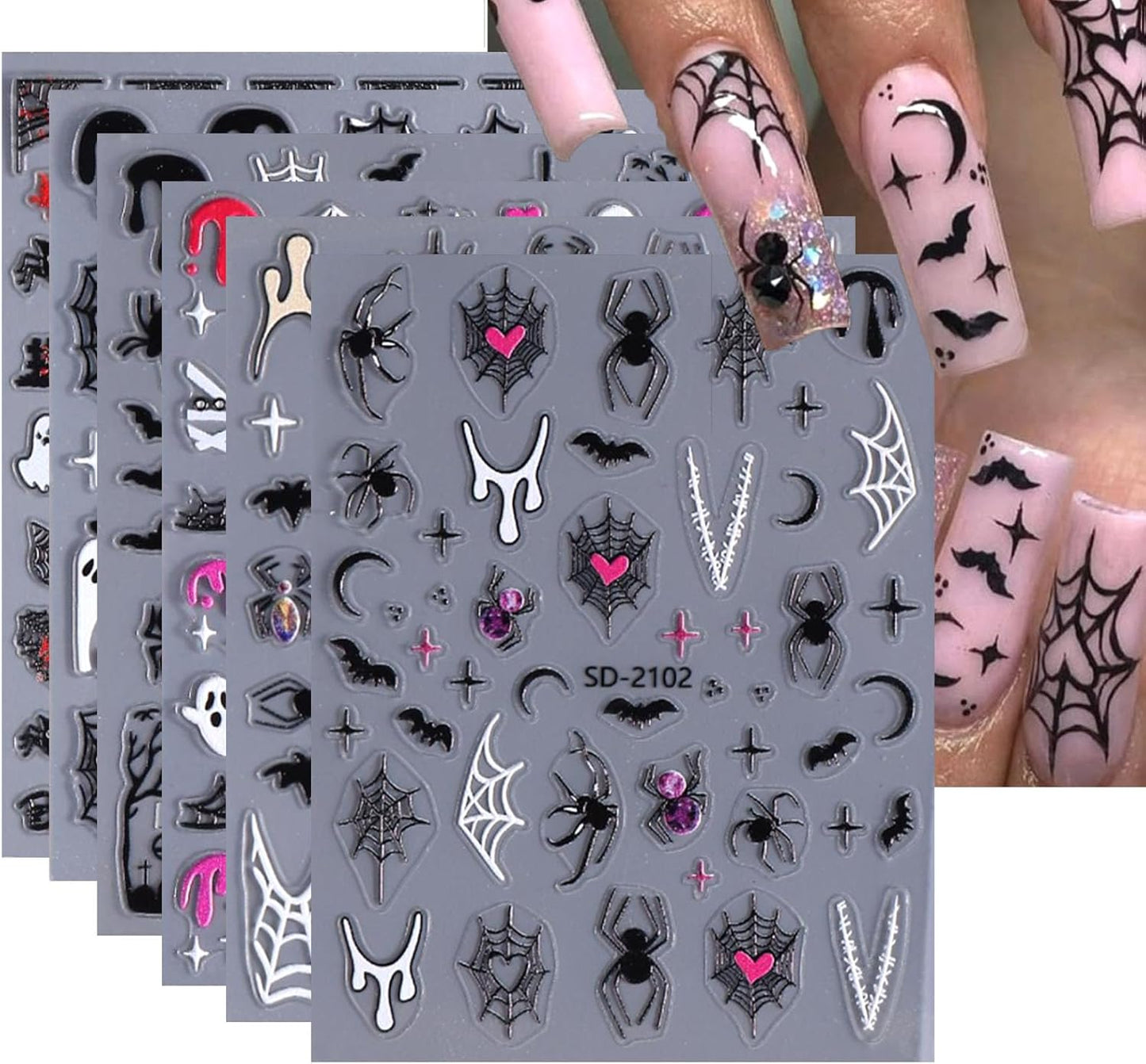 Halloween Nail Stickers Cute Ghost Nail Decals 5D Self Adhesive Pumpkin Spider Web Bat Blood Drop Stars Moon Nail Art Design Stickers for Women Girls 6 Sheets