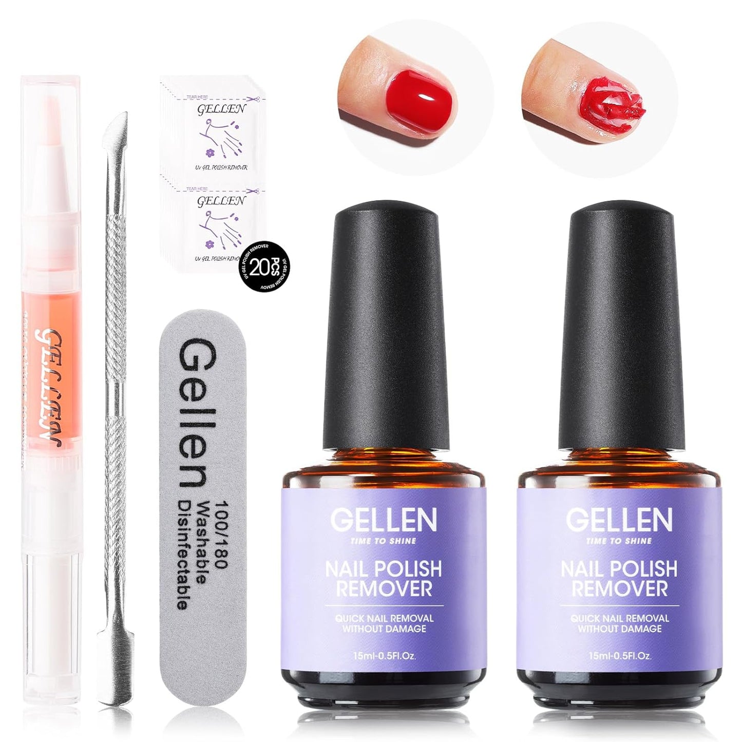 Gellen Gel Nail Polish Remover - 2Pcs Gel Polish Remover for Nails with Cuticle Pusher and Cuticle Oil, Quick & Easy Gel Nail Polish Removal in 2-5 Minutes, No Need Soaking or Wrapping 15ml 0.5fl.oz