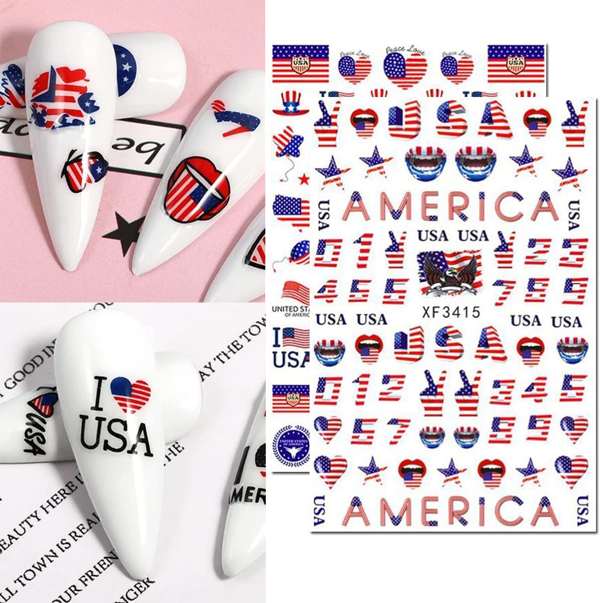 8Sheets 4th of July Nail Art Stickers Decals Red Blue White American Flag 3D Self-Adhesive Nail Decals Flame Butterfly Heart Designs Independence Day Nail Decorations DIY Nail Supplies for Women Kids