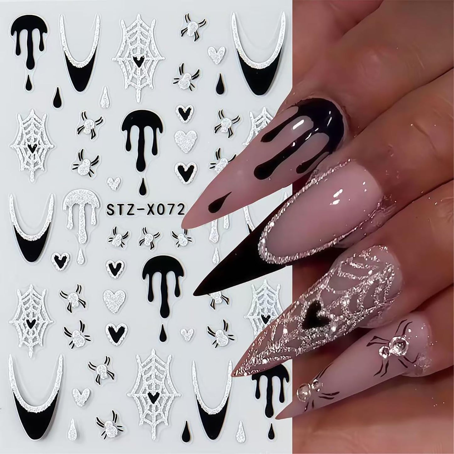 6 Sheets Shiny Crystal Diamonds Spider Nail Art Stickers Halloween Nail Stickers Self-Adhesive Spider Web Spiders Heart French Tip 3D Nail Art Design Decals Festival DIY Manicure Decoration for Women