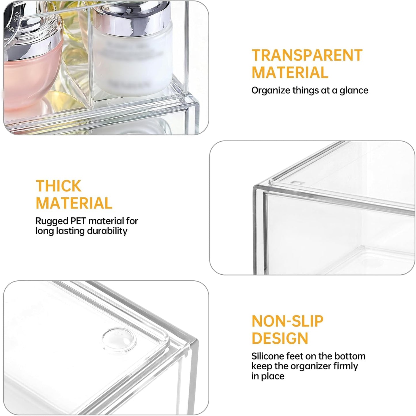 Medicine Cabinet Organizer 3 Pack, Plastic Stackable Storage with 2 Drawers, Bathroom Mirror Cabinet Organizer with Removable Dividers for Wall Cabinet, Vanity, Countertop, Clear