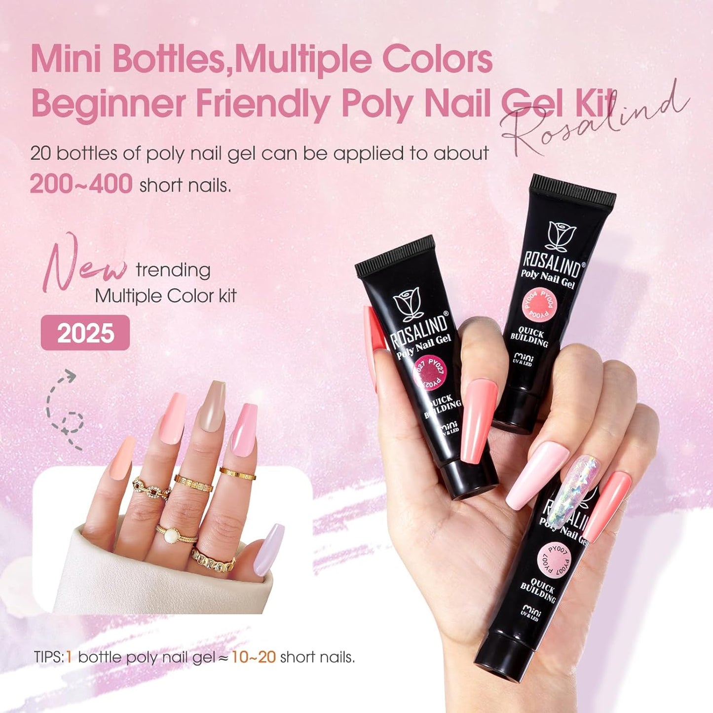 ROSALIND 20PCS Light Pink Nude Poly Nail Gel Kit with Mini Nail Lamp White Brown Poly Nails Extension Gel Set