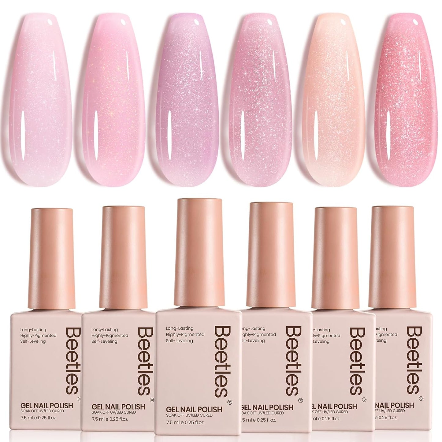 Beetles Pink Glitter Gel Polish Set - 6 Colors Jelly Gel Polish Kit Shimmer Pink Sheer Translucent Effect Soak off UV Nail Concealer Summer French Nail Art Salon Manicure Gift for Women