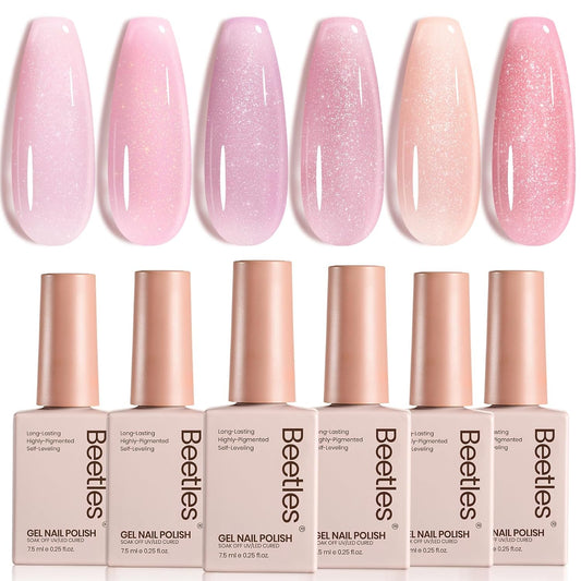 Beetles Pink Glitter Gel Polish Set - 6 Colors Jelly Gel Polish Kit Shimmer Pink Sheer Translucent Effect Soak off UV Nail Concealer Summer French Nail Art Salon Manicure Gift for Women