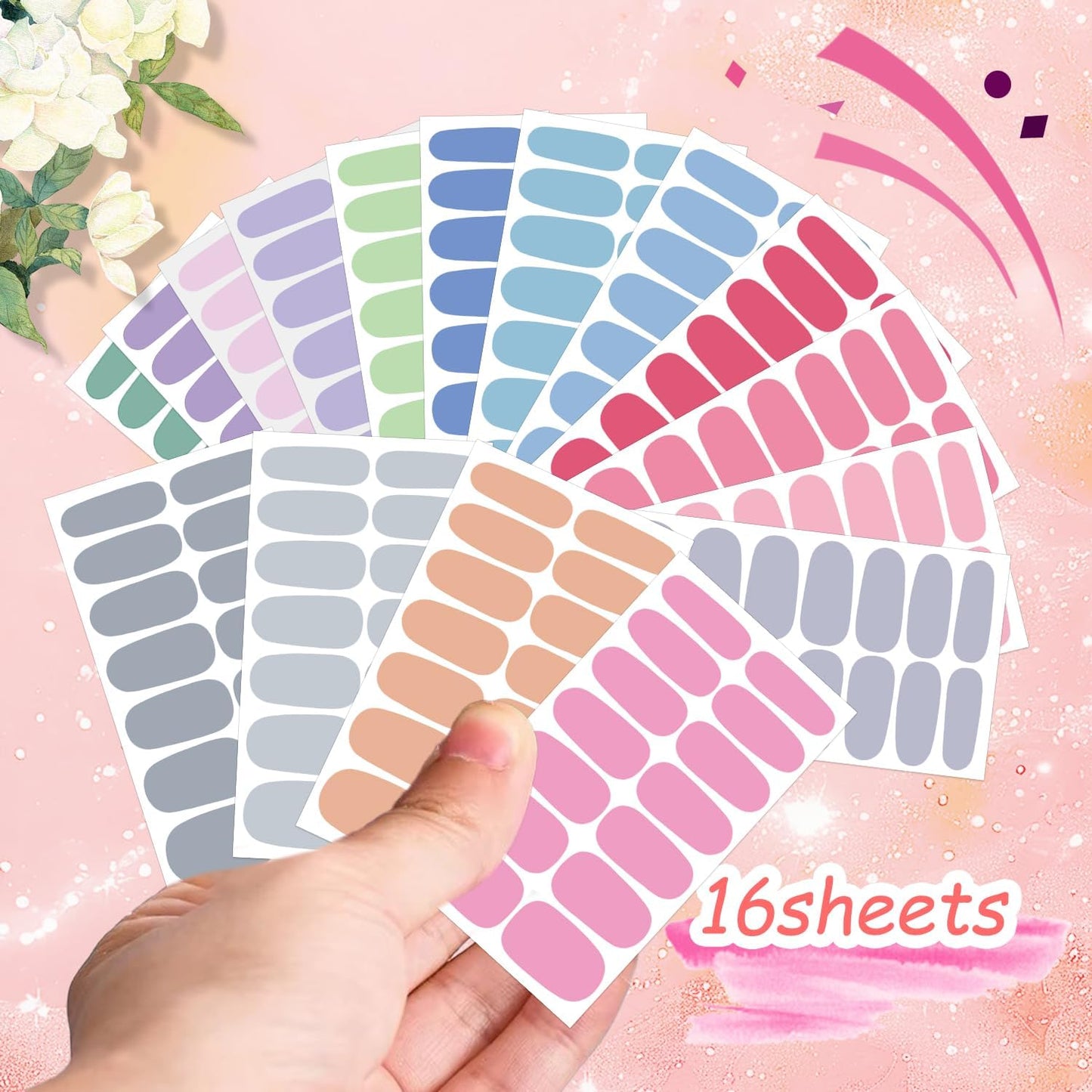 DANNEASY 224PCS/16 Sheets Nail Polish Strips - Dusky Solid, Gel Nail Stickers Full Nail Wraps, UV Free | Easy to Stick | Adhesive Sticker Nails for Women with 1 File, 1 Cuticle Stick