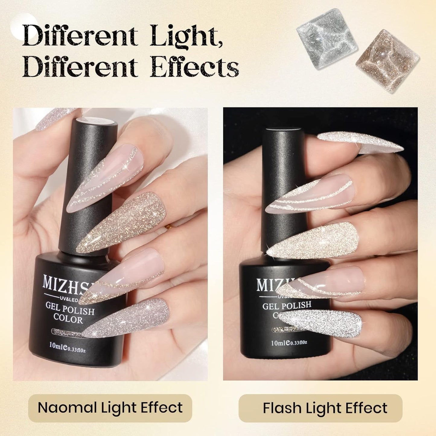 MIZHSE Reflective Gel Nail Polish, Glitter Silver and Gold Gel Polish 2 Colors, Sparkle Shiny Diamond Nail Gel Manicure Set Nail Art at Home Salon 10ML