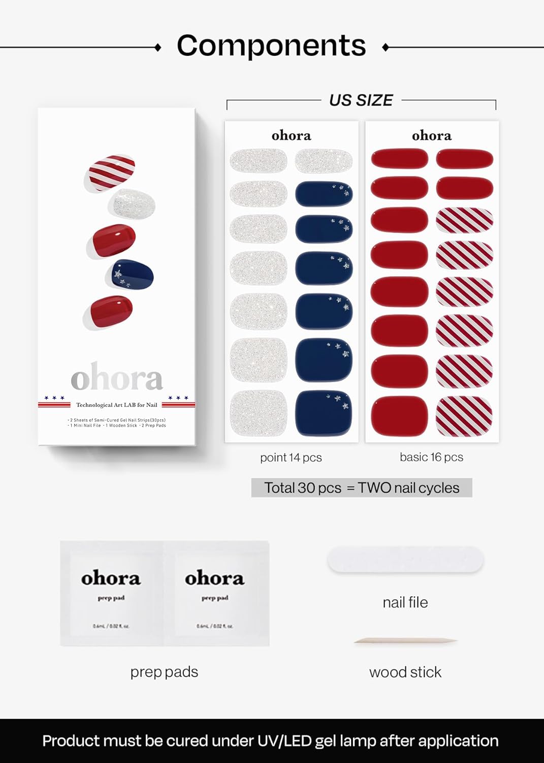 ohora Semi Cured Gel Nail Strips (N State Twilight) - Works with Any Lamps, Salon-Quality, Long Lasting, Easy to Apply & Remove - Includes 2 Prep Pads, Nail File & Wooden Stick