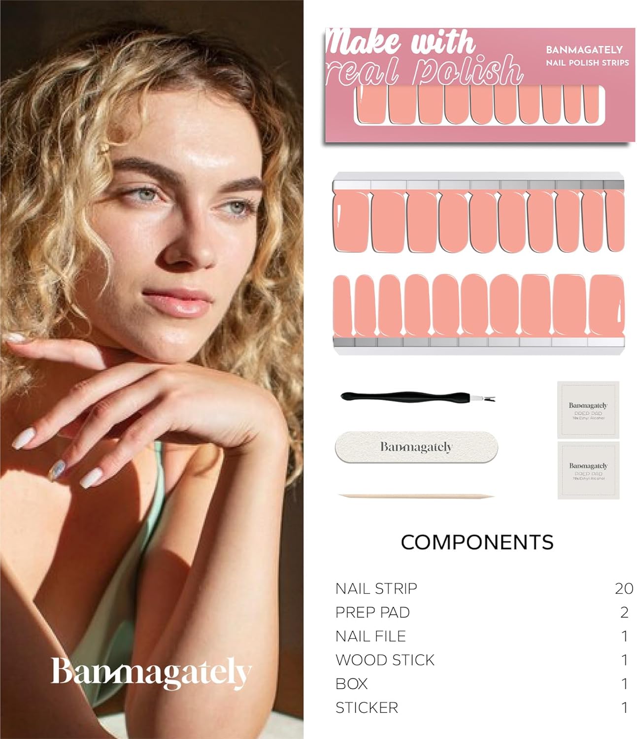 Nail Polish Strips, 20Pcs Salon Quality Gel Nail Stickers, Easy Long Lasting Wraps for Short Nails no UV Light Needed (Pink)