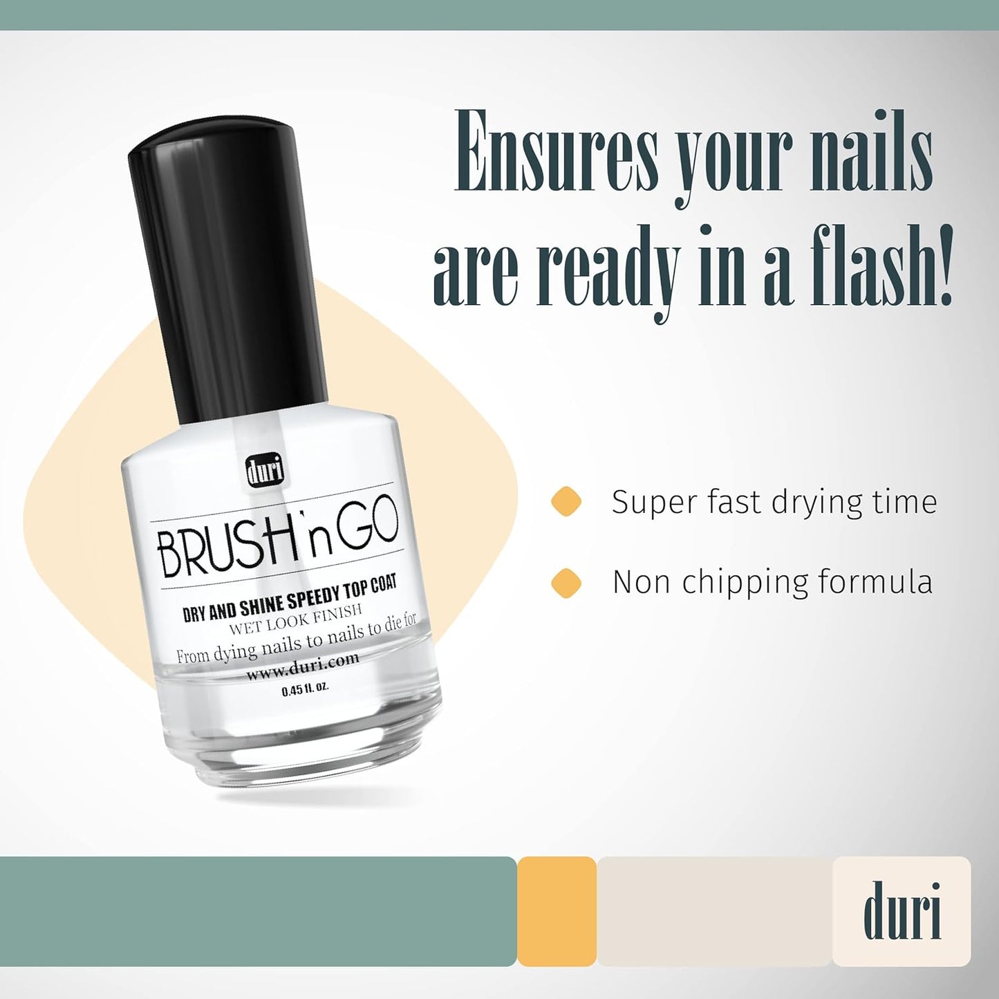 duri Brush'n Go Dry and Shine Speedy Top Coat, Fast Dry Top Coat Nail Polish - 0.45 fl.oz. (pack of 1)