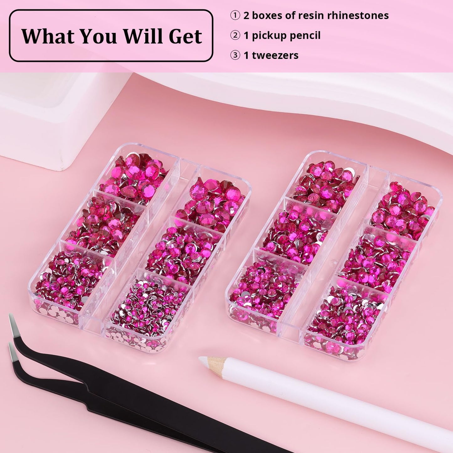 Resin Rhinestones for Crafting, 2 Boxeses Hot Pink Multi Sizes Flatback Bedazzling Crystals for Crafts Nail Art Deco, Non Hotfix Gems Charms for Tumbler Shoes Clothing Fabric Face Makeup